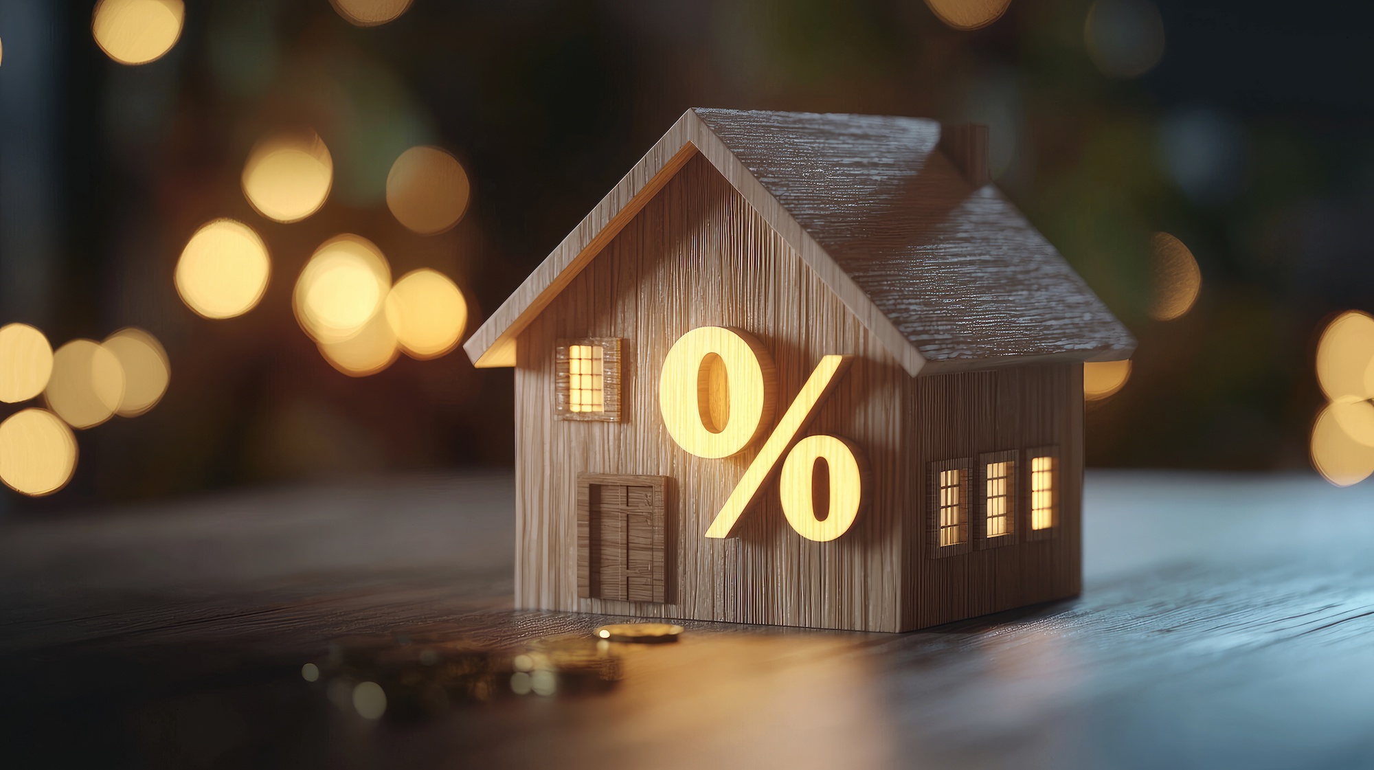 Wooden house model with percentage symbol