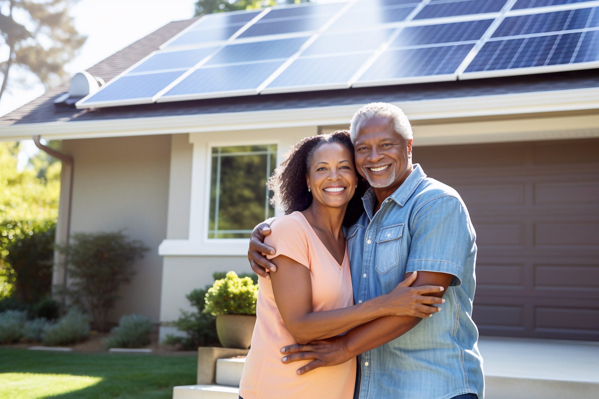 A smiling couple in the driveway of a large house