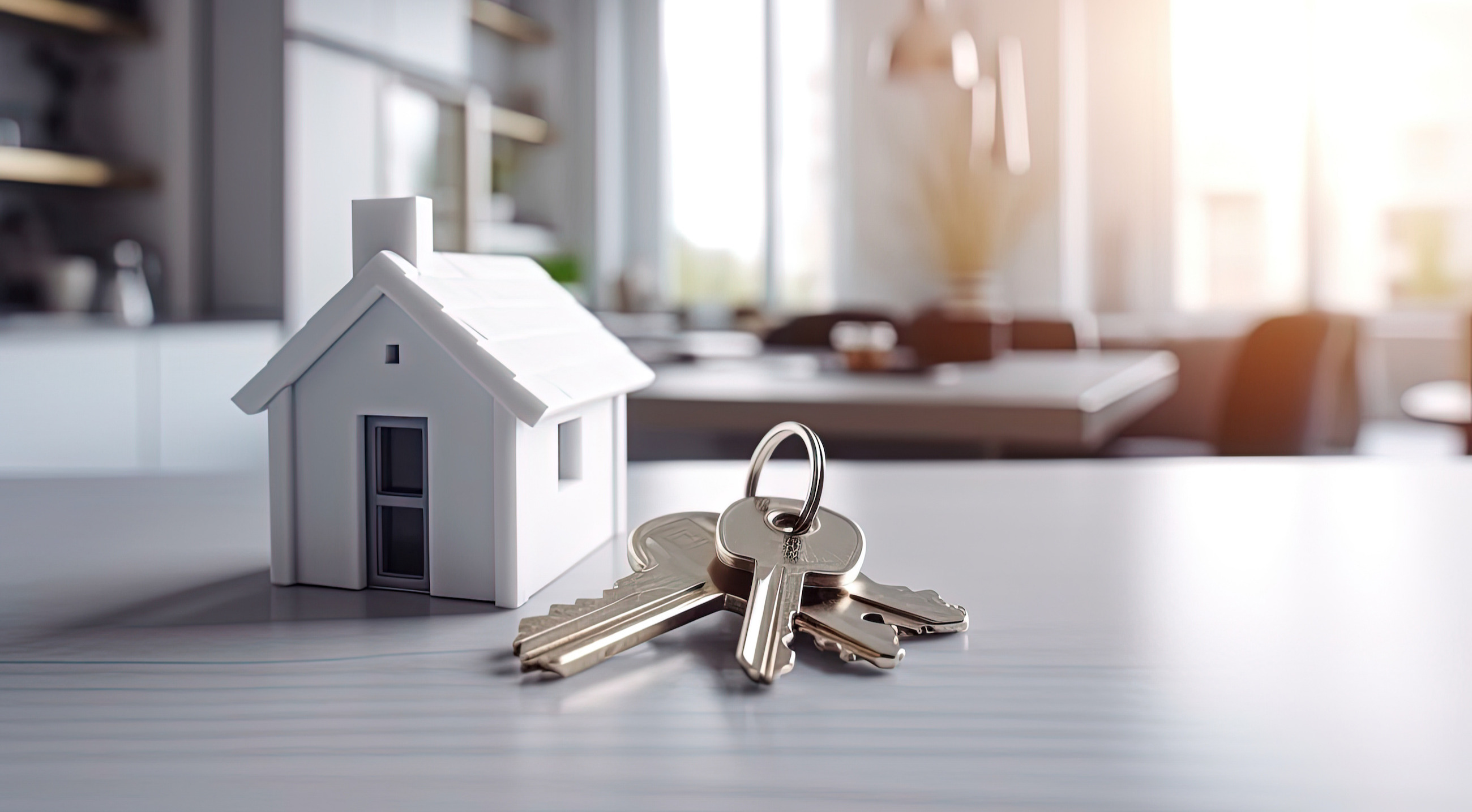 White house model and house keys on the table in new apartment