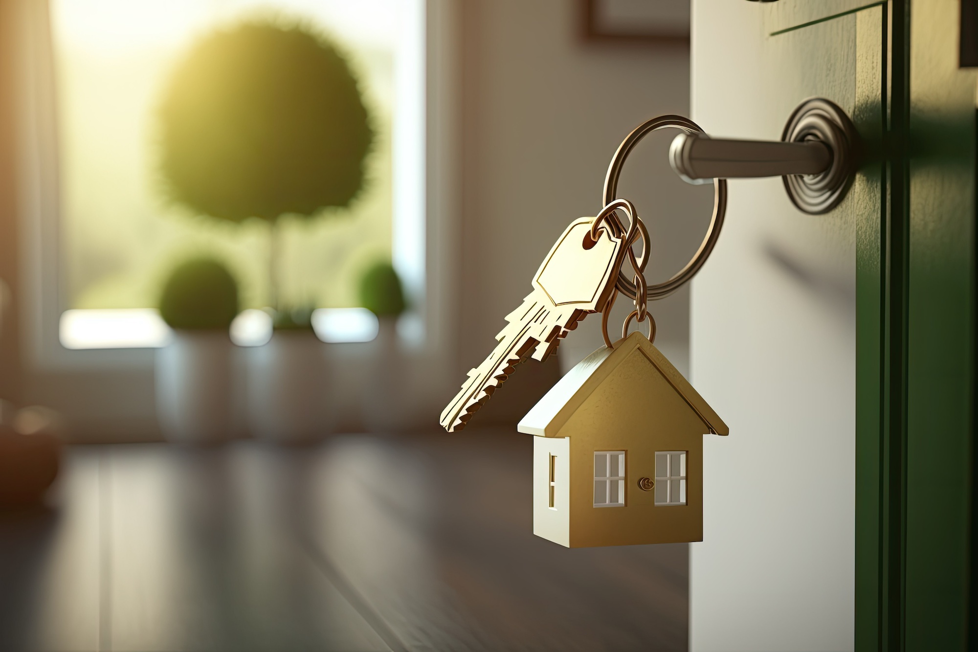 An opening door with golden house key chain