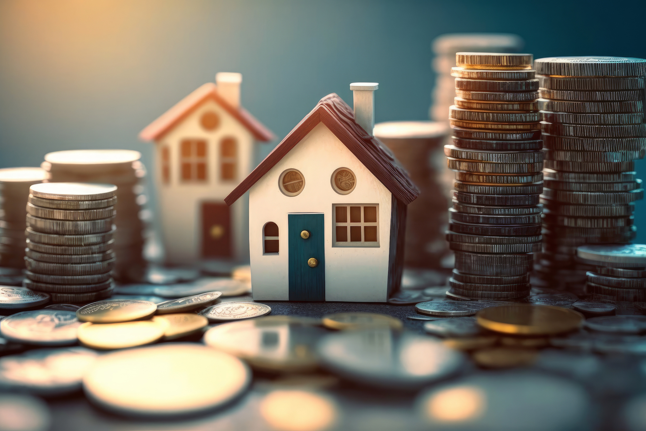 Tiny houses surrounded by coin stacks