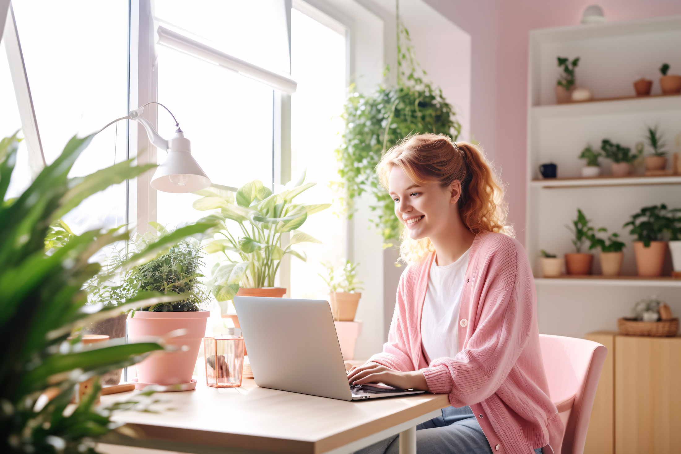 A female working on her laptop in a room full with plants
